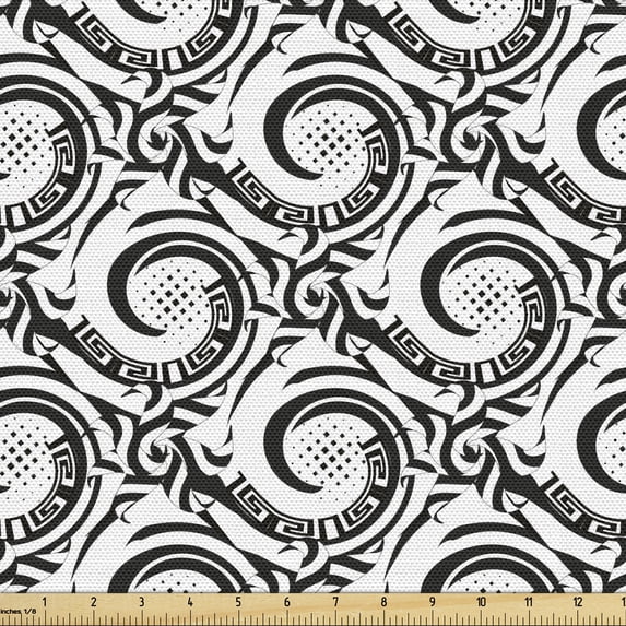 Modern Fabric by the Yard Upholstery, Spiraling Circles of Tribal Funky Prehistoric Effects Geometrical Art, Decorative Fabric for DIY and Home Accents, Charcoal Grey and White by Ambesonne