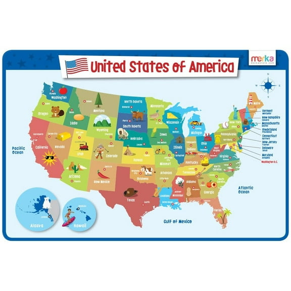 merka Kids US Map Placemat for Dining Table, Non Slip Resulable Placemats for Kids, Learn United States of America, Geography Map, Capitals of All 50 States