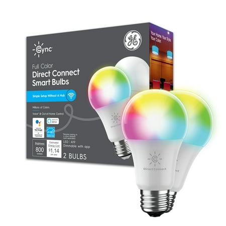 GE Cync Smart Light Bulbs, Full Color, Bluetooth and Wi-Fi Enabled, A19 Standard Bulbs, 60 Watt Eqv, 2pk