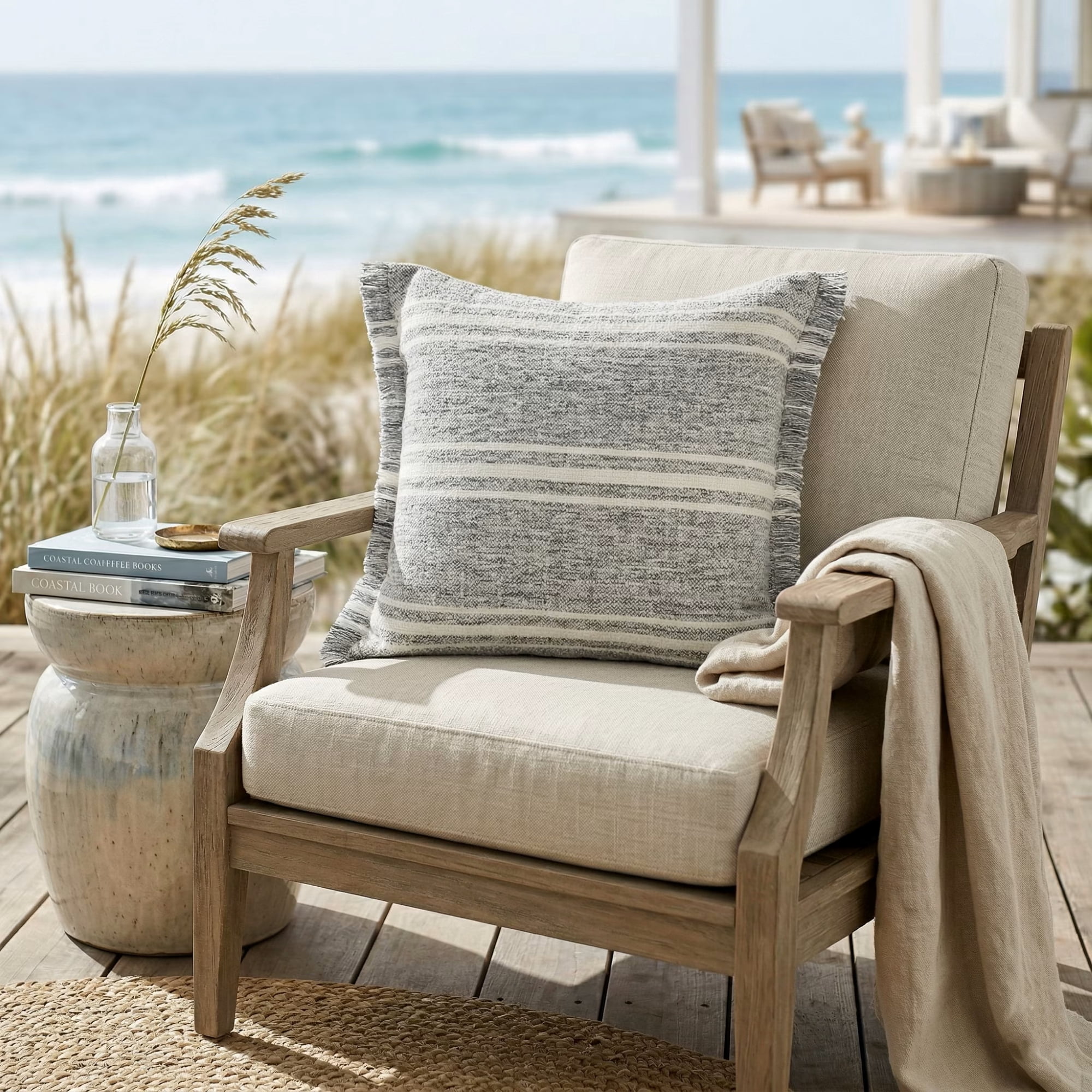 Ox Bay 24" x 24" Hand-Woven Gray/ White Stripe Resistant Polyester Pillow Cover