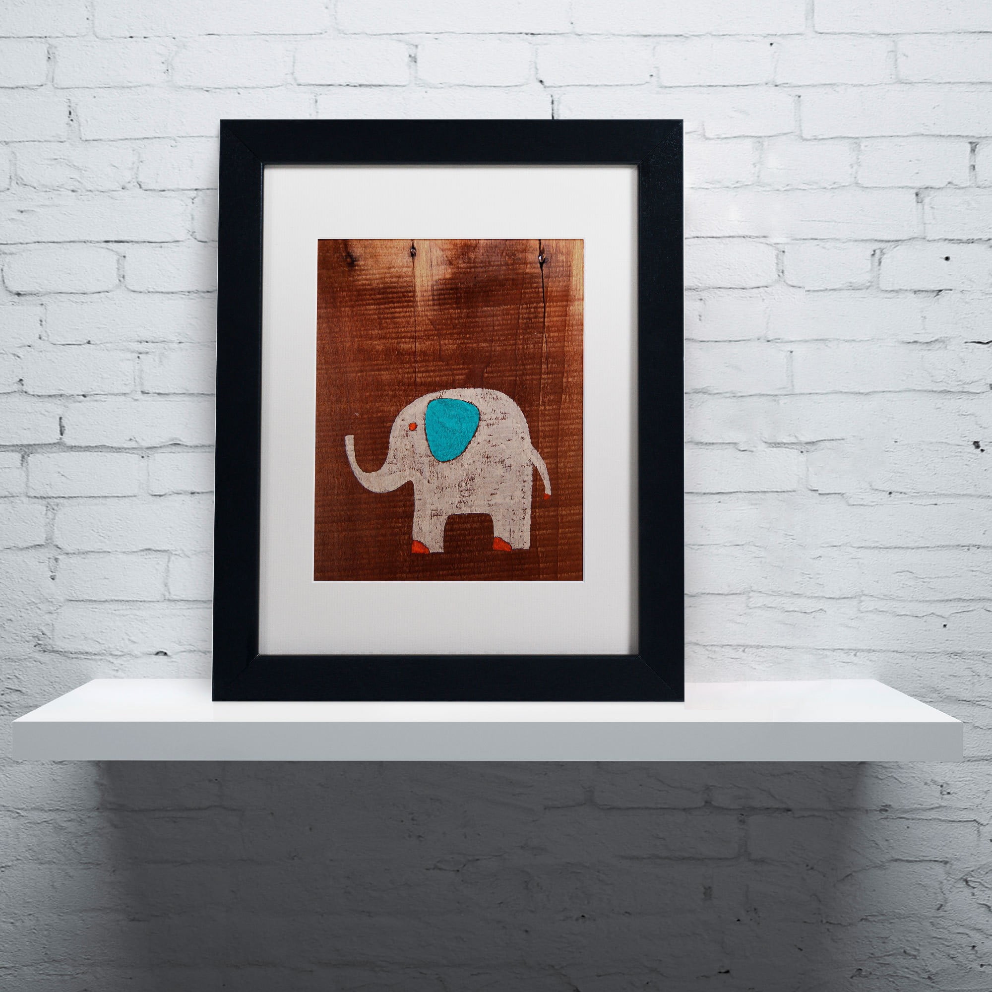 Trademark Nicole Dietz "Elephant on Wood" Art White Matte W/Black Frame 16" x 20" (ND067-B1620MF)