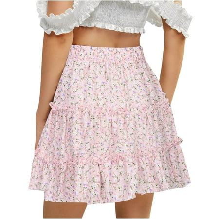 Mrat Beach Skirt Dress Women Summer Casual Vintage High Waist Floral Print Beach Ruffled Short Skirt Cargo Mini Skirts S-99 Pink-A XXL