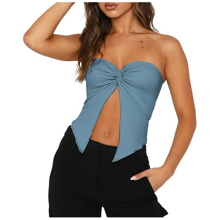 

Women s Strapless Twist Knot Tube Top Slit Front Tops Summer Solid Sleeveless Split Crop Tops Tank Corset