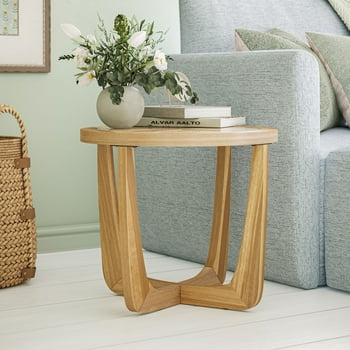 Beautiful Rattan & Glass Side Table with Solid Wood Frame by Drew Barrymore, Warm Honey Finish
