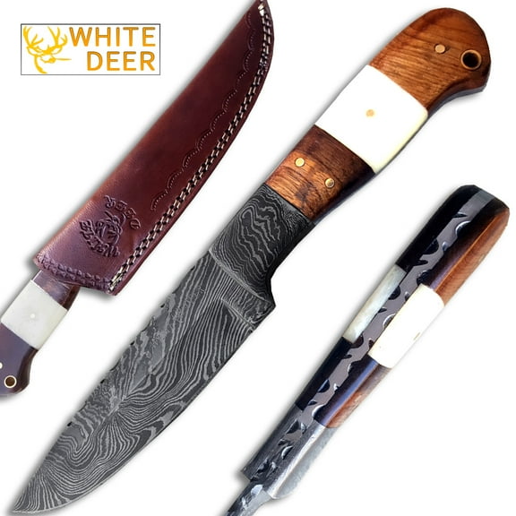 Geronimo Damascus Hunting Knife Full Tang Buffalo Bone Walnut-Wood Handle Custom