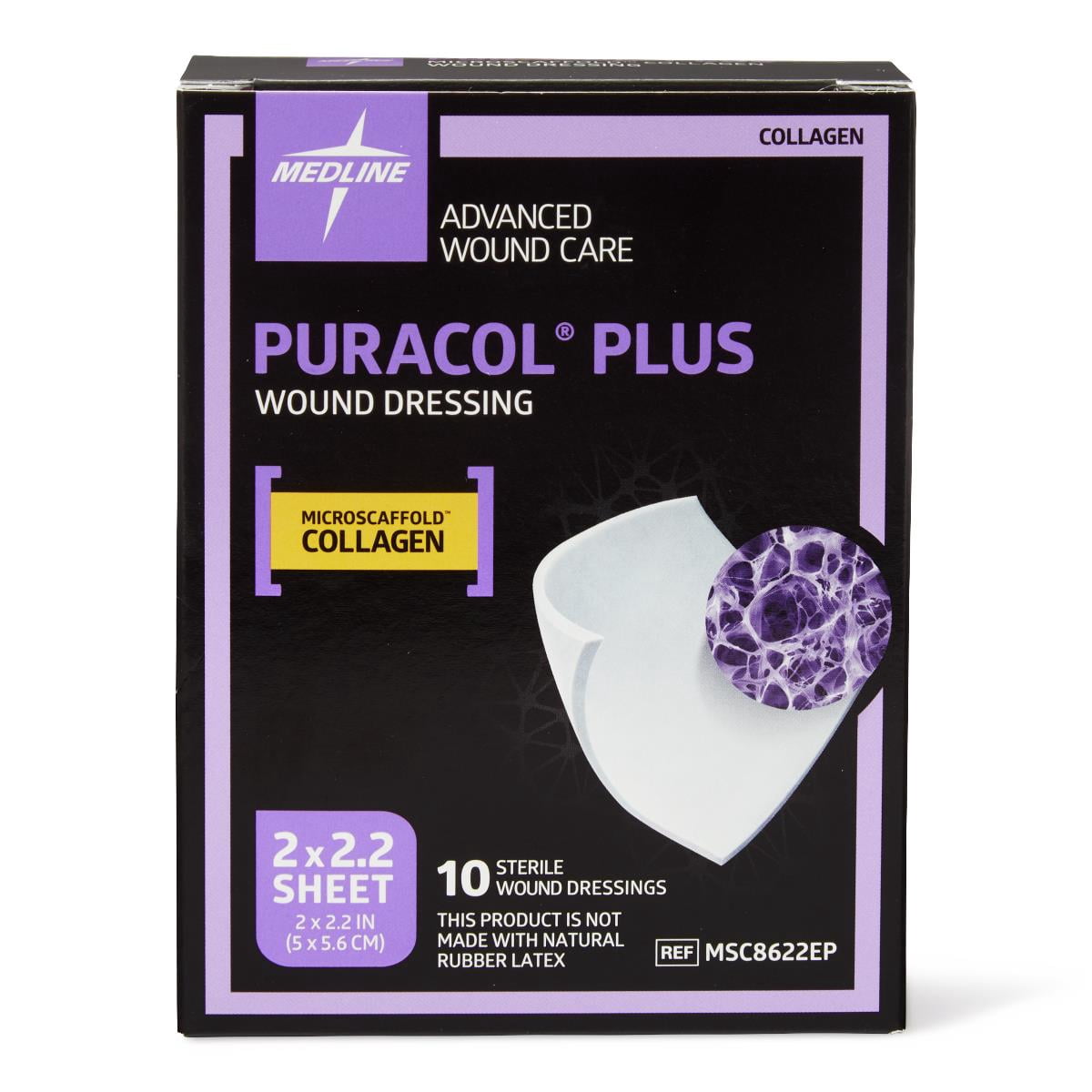 Medline Puracol Plus Collagen Wound Dressing, 2" W x 2.25" L, in Educational Packaging, Box of 10 -MSC8622EP