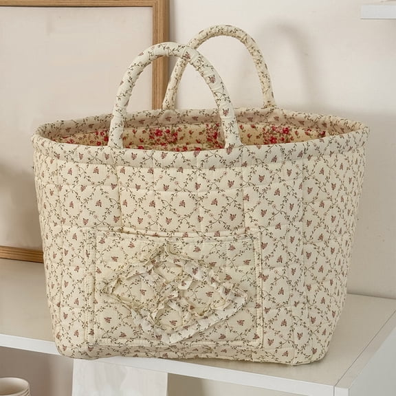Quilted Fabric Totes Bag,Boho Quilted Fabric Storage Basket with Handles,Large Capacity Foldable Vintage Floral Organizer for Clothes Home Picnic Shopping Travel (1PC-E)
