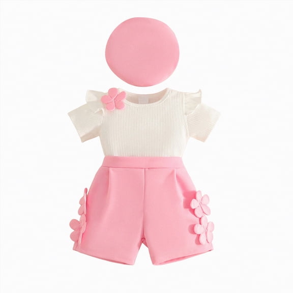 Hessimy Toddler Baby Girls Clothes Short Sleeves T-Shirt Tops Shorts Cute Summer Outfits Set,Baby Cute(Pink,12-18 Months)