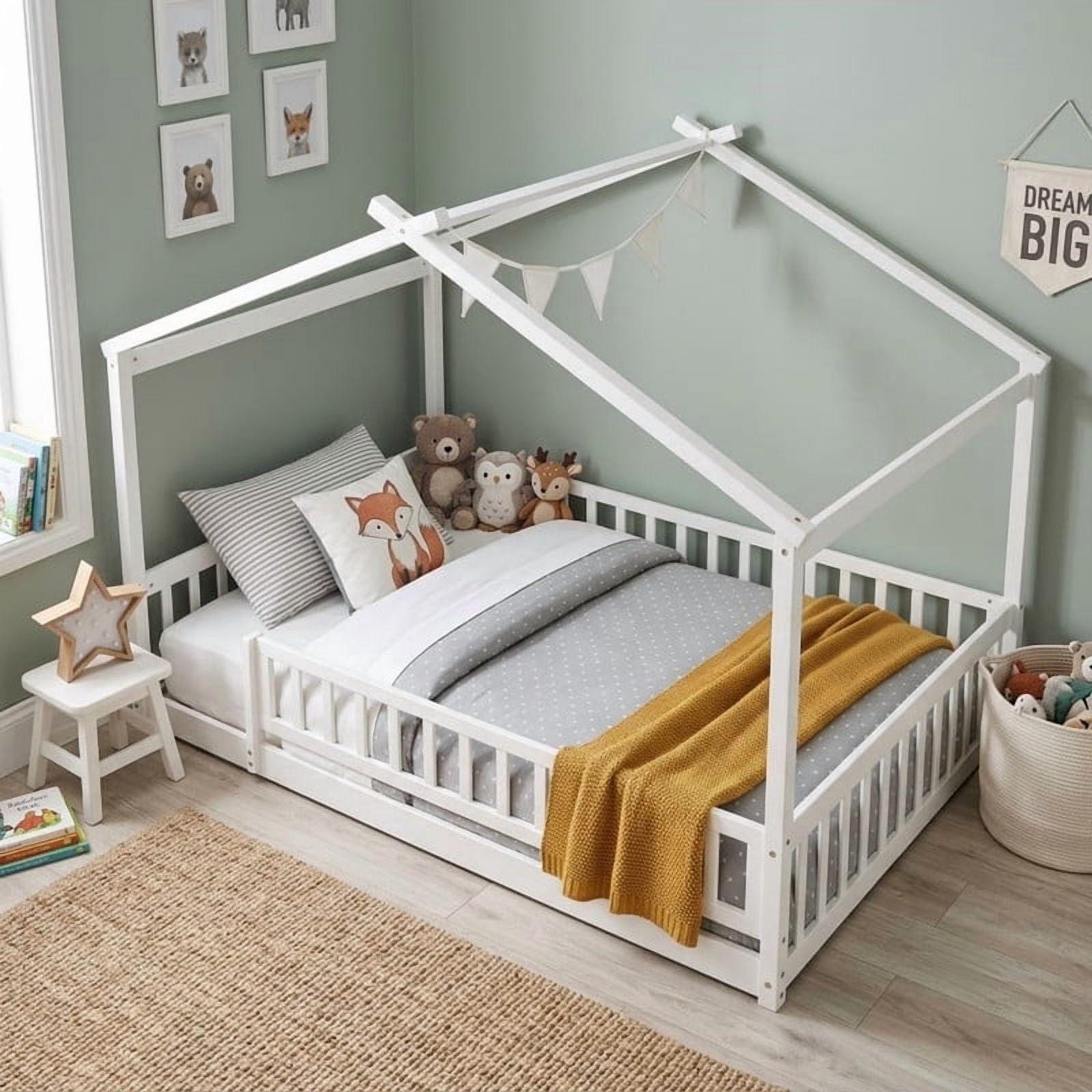 Full Size Wood House Bed with Fence and Roof Frame, Kids Floor Montessori Bed with Safety Guardrails, Sturdy Pinewood Playhouse Bed for Boys Girls