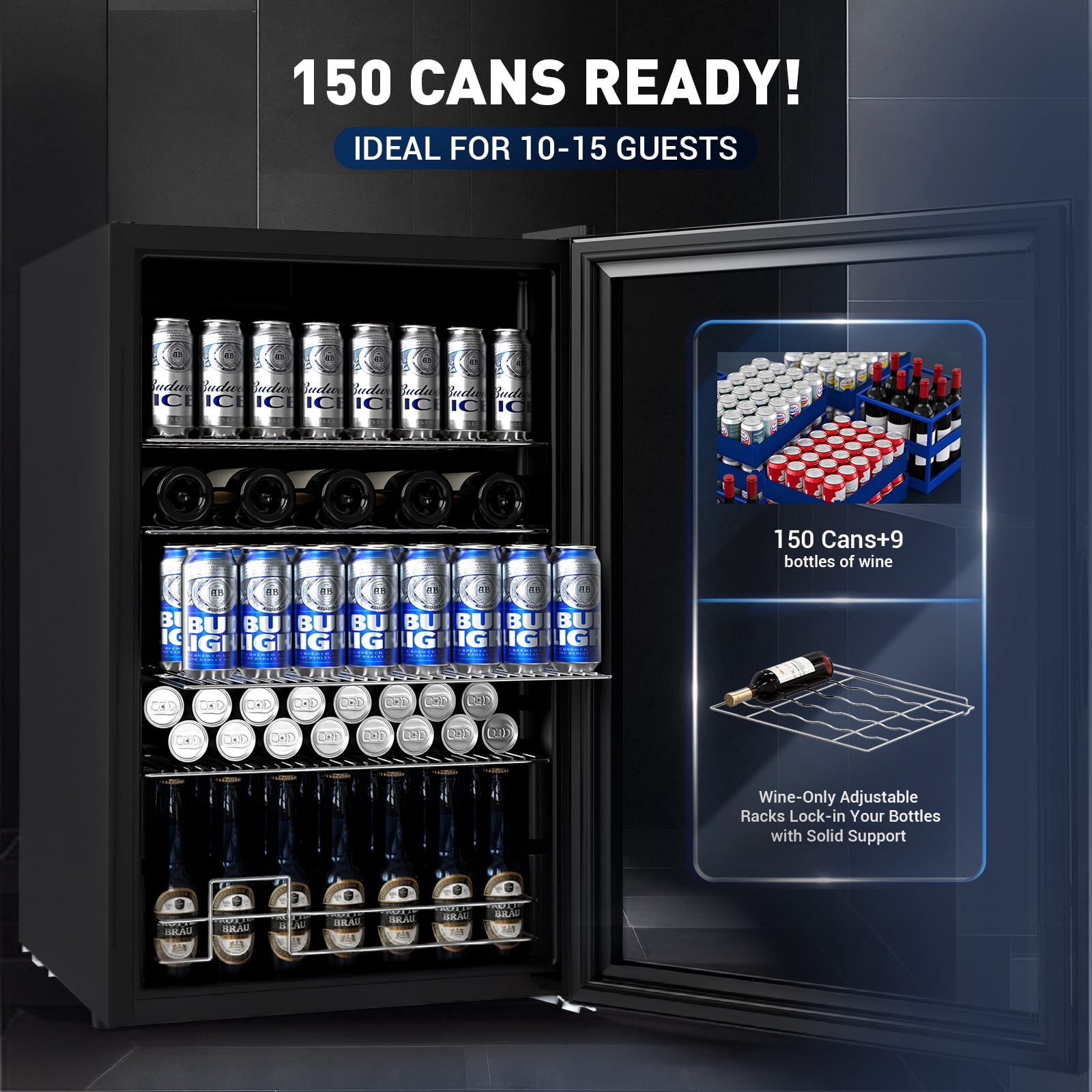 TITTLA Mini Fridge 150 Can Beverage Refrigerator and 9 bottles,with Adjustable Removable Shelves Glass Door, for Soda Wine Beer ,Silver