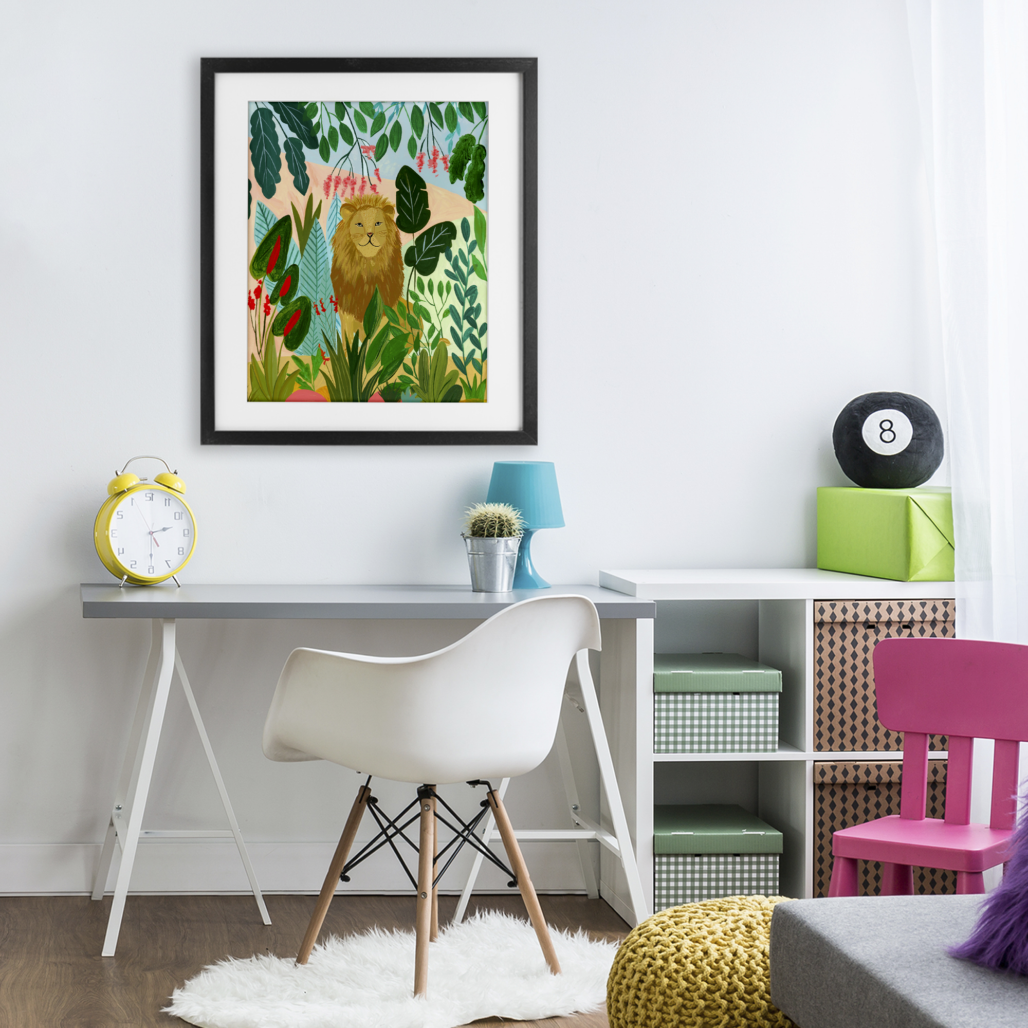 Stoic Lion Tropical Forest Black Framed Print Under Glass, design by Nabeela Rumi