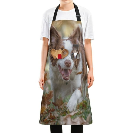 

WOBOGO Border Dog Long Apron Waterdrop Resistant with 2 Pockets Cooking Kitchen Chef Apron for Women Men