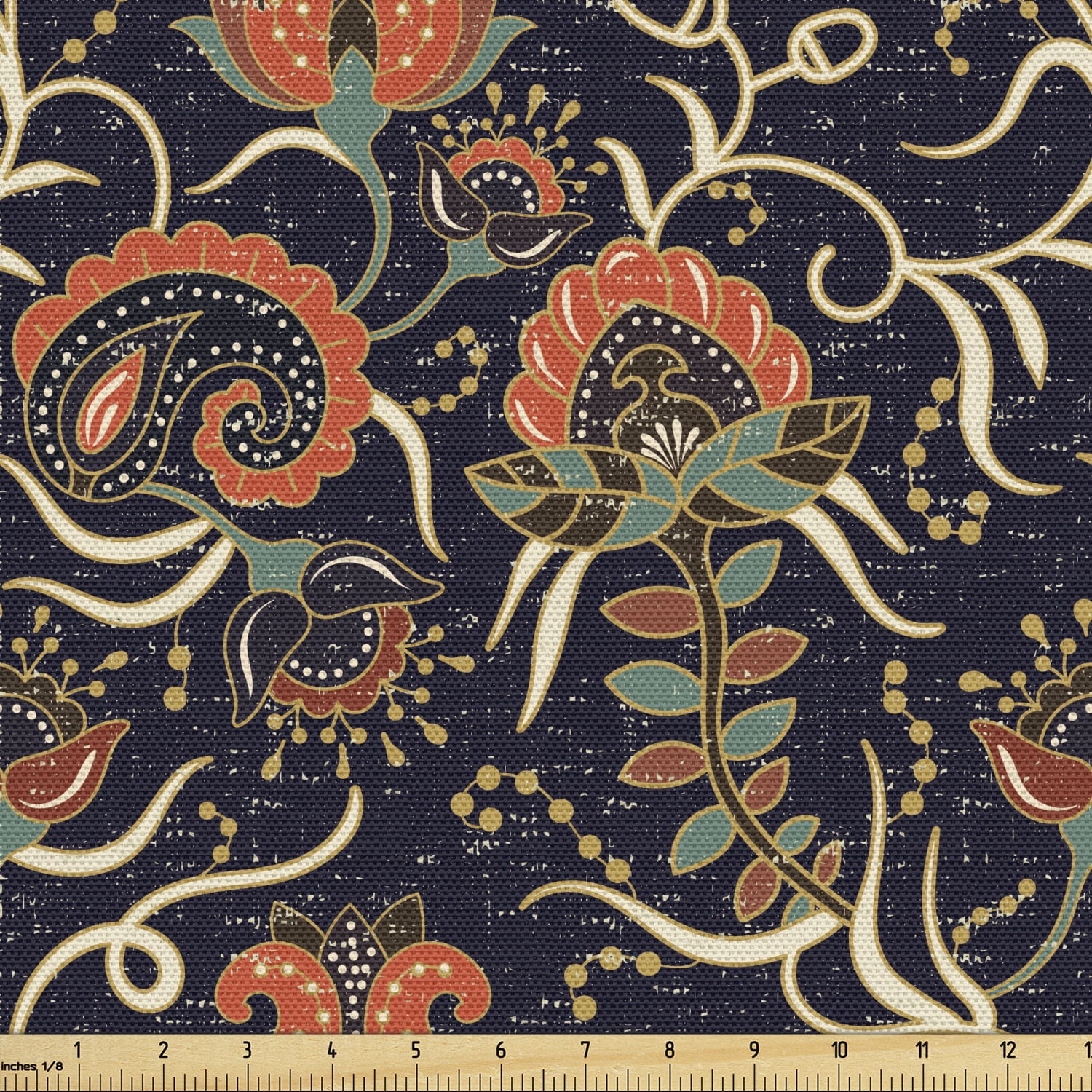 Jacobean Fabric by the Yard, Repetitive Pattern with Grunge Style