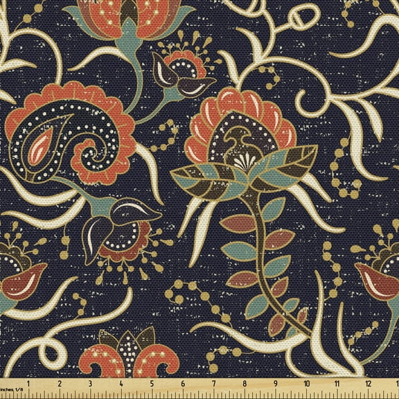 Ambesonne Jacobean Fabric by the Yard Upholstery, Grunge Flora Curl, 1 Yard, Indigo and Multicolor