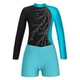 thumbnail image 3 of renvena Girls Gymnastics Leotards and Shorts Set Rhinestone Long Sleeve Ballet Unitard Biketards Blue Green 14, 3 of 5