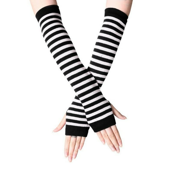 Nrmvnmi Women's Fingerless Gloves Elbow Length Knitted Arm Warmers Stripe Knitted Long Fingerless Gloves Unisex Classic Fashion Stretch Fingerless Gloves