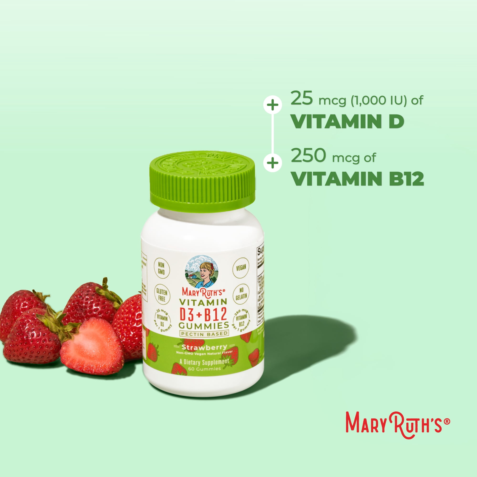 MaryRuth's Vitamin D3 + B12 Gummies Strawberry Flavor, Vegan, Non-GMO, for Adults & Kids, 60 Count