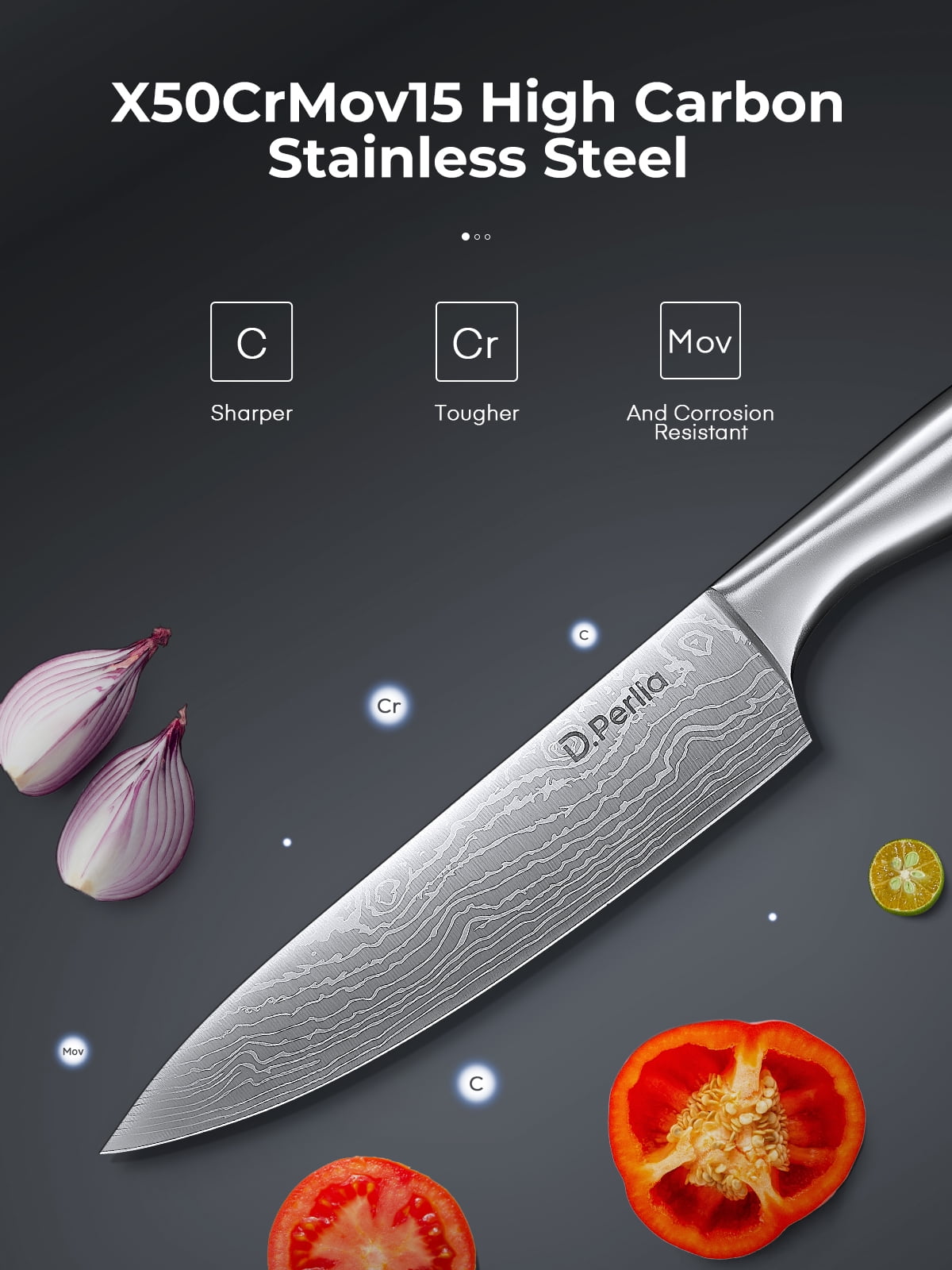 D.Perlla Knife Set , 15 Pieces Stainless Steel Hollow Handle Kitchen Cutlery Set with with Built in Knife Sharpener Block