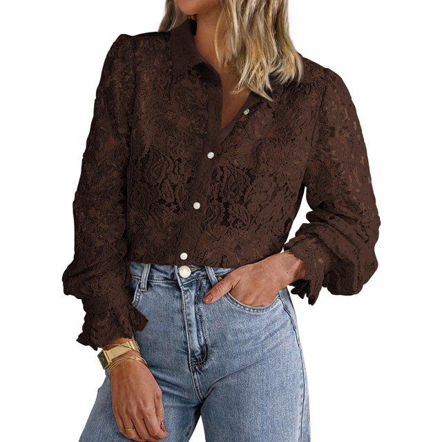 Blusa BTFBM de manga larga con encaje para mujer Primavera 2025 Café