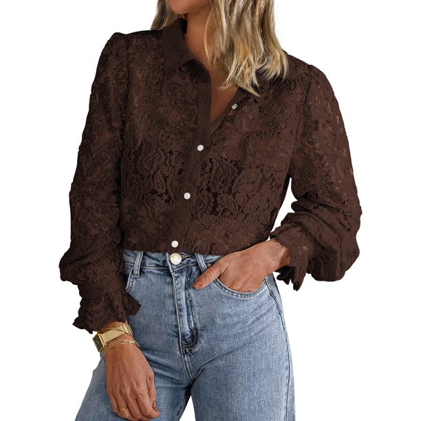 Blusa BTFBM de manga larga con encaje para mujer Primavera 2025 Café