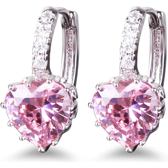 XBage Heart Shape Created Pink Sapphire Cubic Zirconia Silver Tone Hoops Shiny Earrings[eo1797]