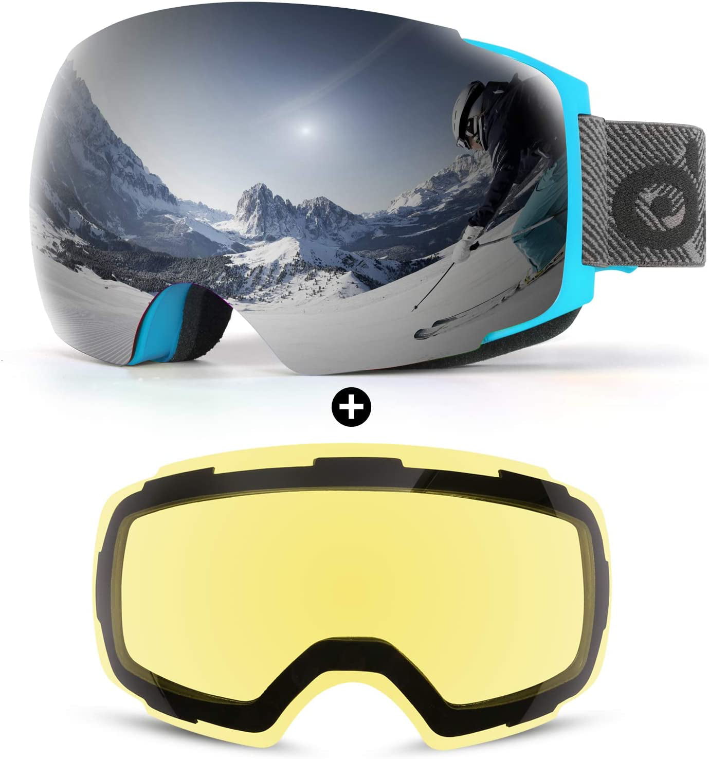 Anti-Fog 100%UV Protection Snowboard Snow Goggles for Men Women Odoland Magnetic Interchangeable Ski Goggles Set with 2 Lens 