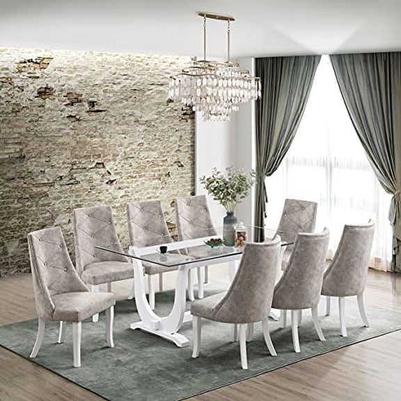 Kings Brand Furniture - Elmer 9 Piece Glass Top Dining Set, Table & 8 Chairs, White/Silver