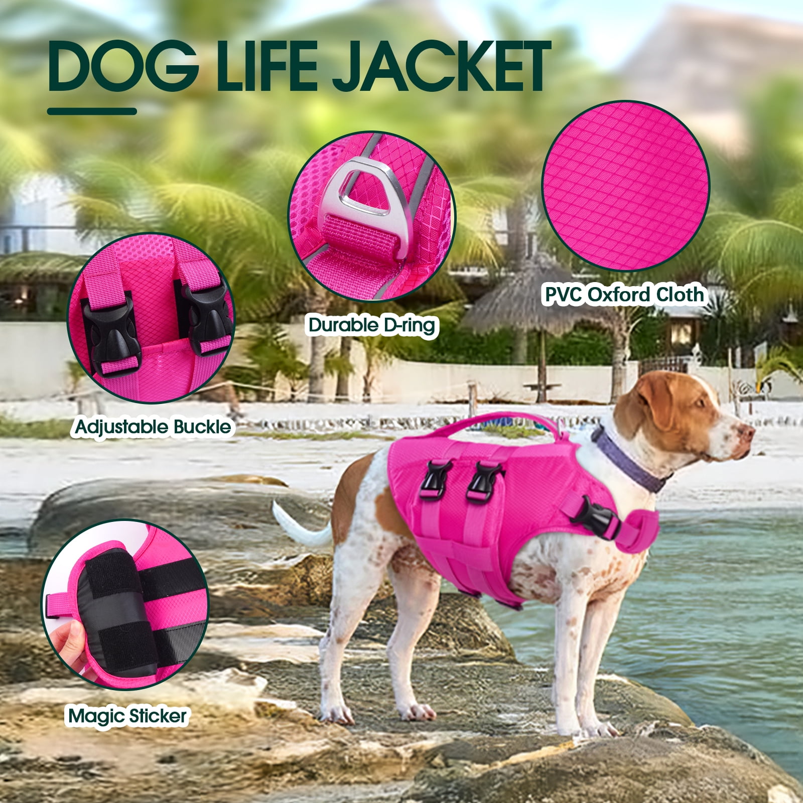Kuoser Dog Life Jacket, Reflective Life Vest with Rescue Handle for Small Medium Large Dogs, Rosered, S