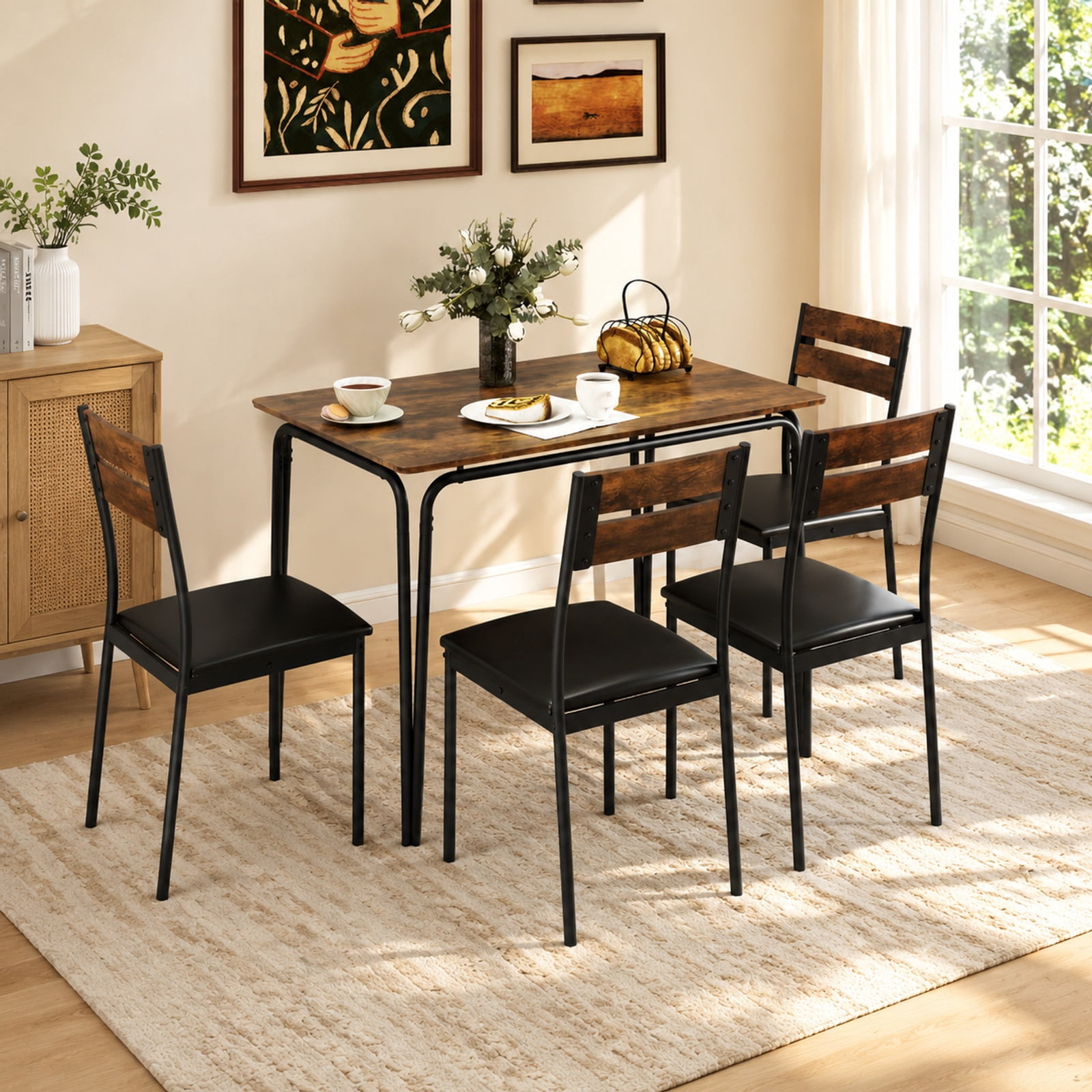 Furnibear 5 Piece Industrial Dining Table Set for 4 with Rectangular Kitchen Table and 4 Armless Upholstered Chairs, Rustic Brown