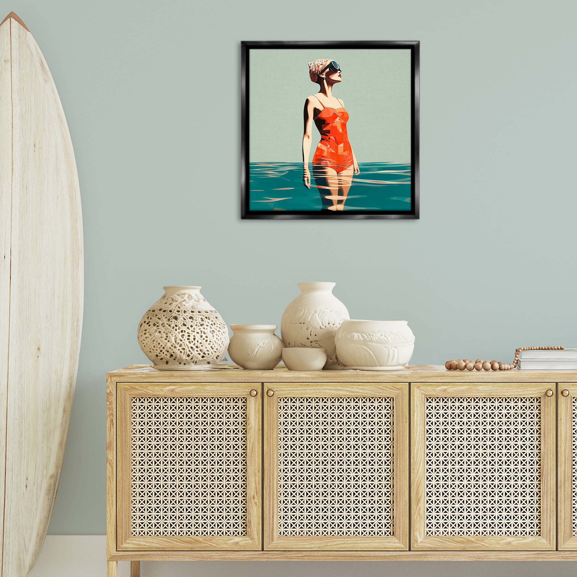 Stupell Industries Retro Woman in Swimsuit Novelty Painting Black Floater Framed Canvas Art Print Wall Art, 25 x 25