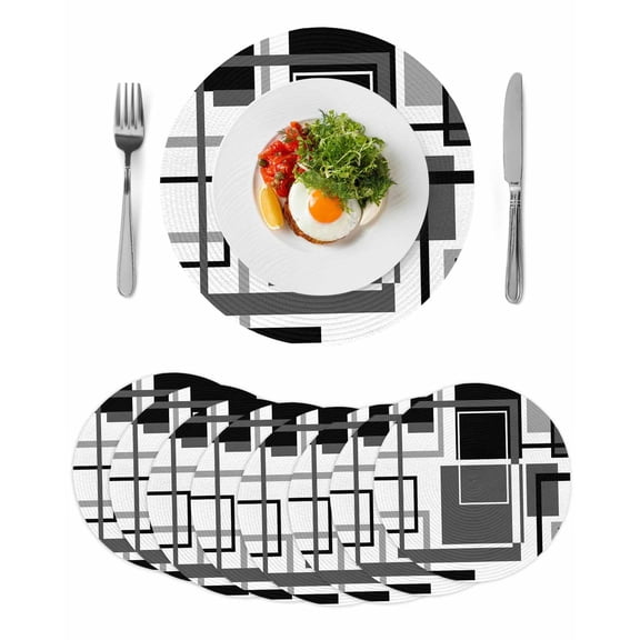 Black Grey Geometric Round Placemats Set of 8 for Dinning Tables,Heat-proof Braided Table Mats 13 Inch,Gray Abstract Striped Art Washable Place Mat for Kitchen Restaurant Party Decor Table Setting
