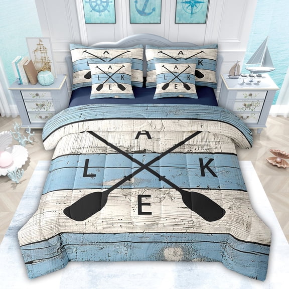 jejeloiu Happy Lake Time 7-Piece Twin Bedding Sets,Black Blue Beige Bedding Comforter Set For Men Women Reversible