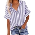 thumbnail image 3 of Women's Fashionable Imitation Striped Short Sleeved Collar Button Up Shirt Blouse Top Casual Loose Fit Breathable Summer Vacation | CSEONE,Purple XL, 3 of 9
