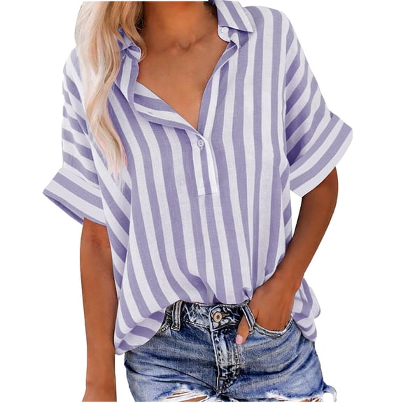Kukoosong Women's Linen-Like Casual Short Sleeve Striped Crop Top with Button Down Collar Women's Shirts