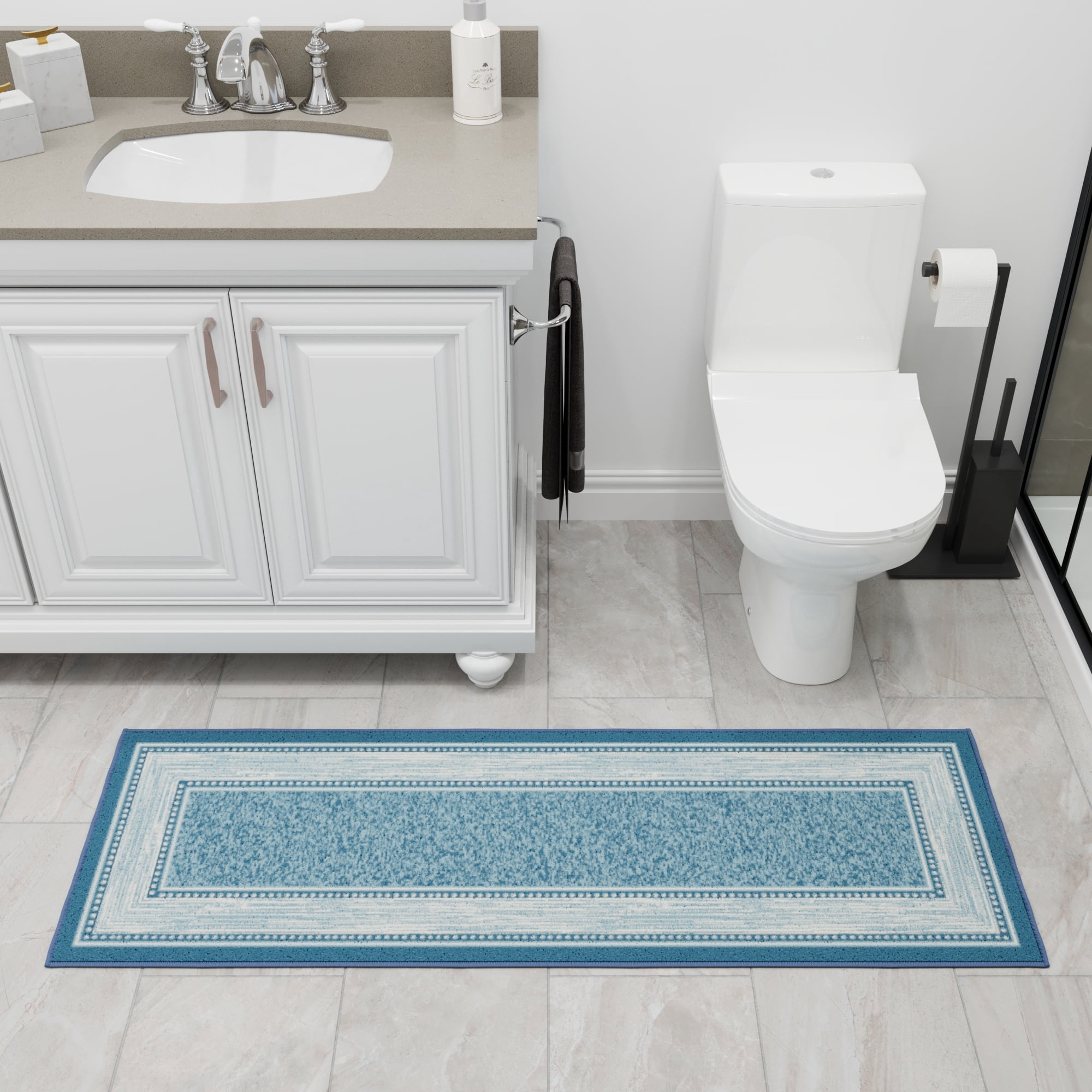 Ottomanson Border Bathroom Runner Rug 20" x 59" - Non Slip Low Pile Carpet, Blue