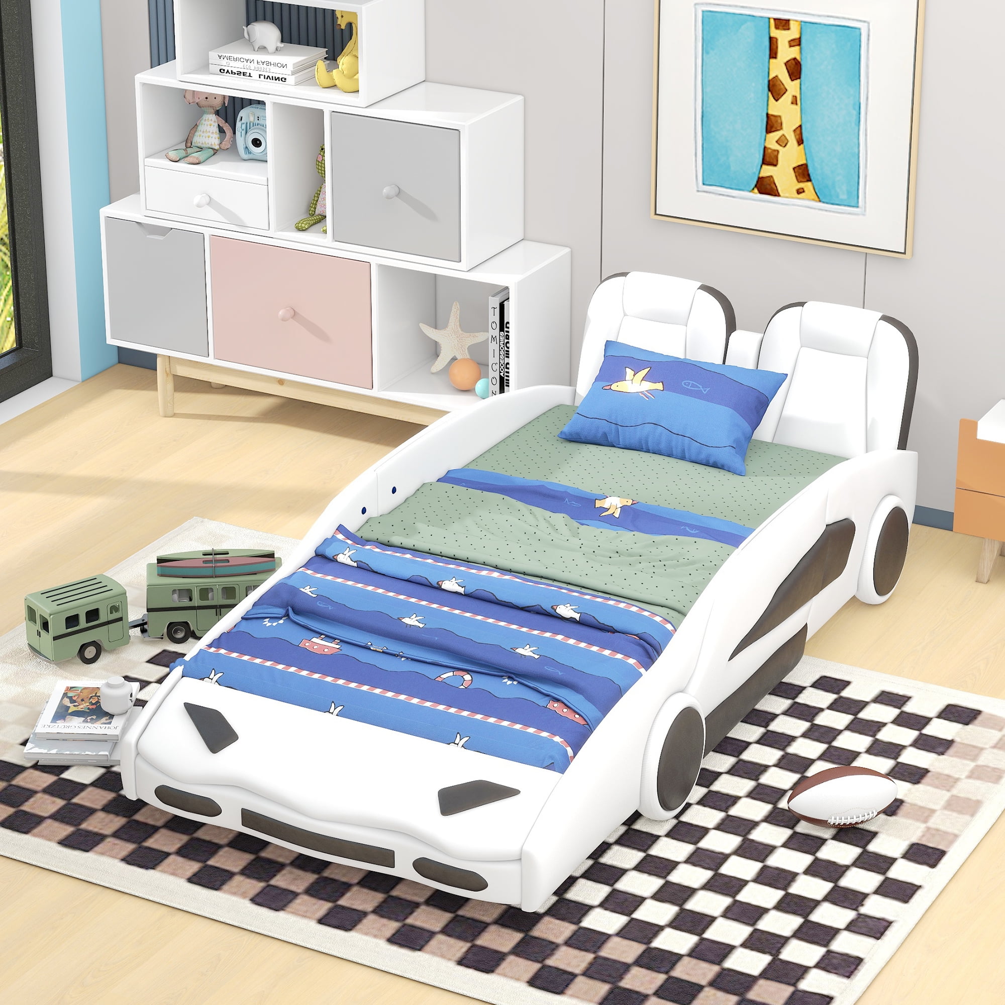 MODERNLUXE Twin Size Race Car Shaped Platform Bed with Wheels, White