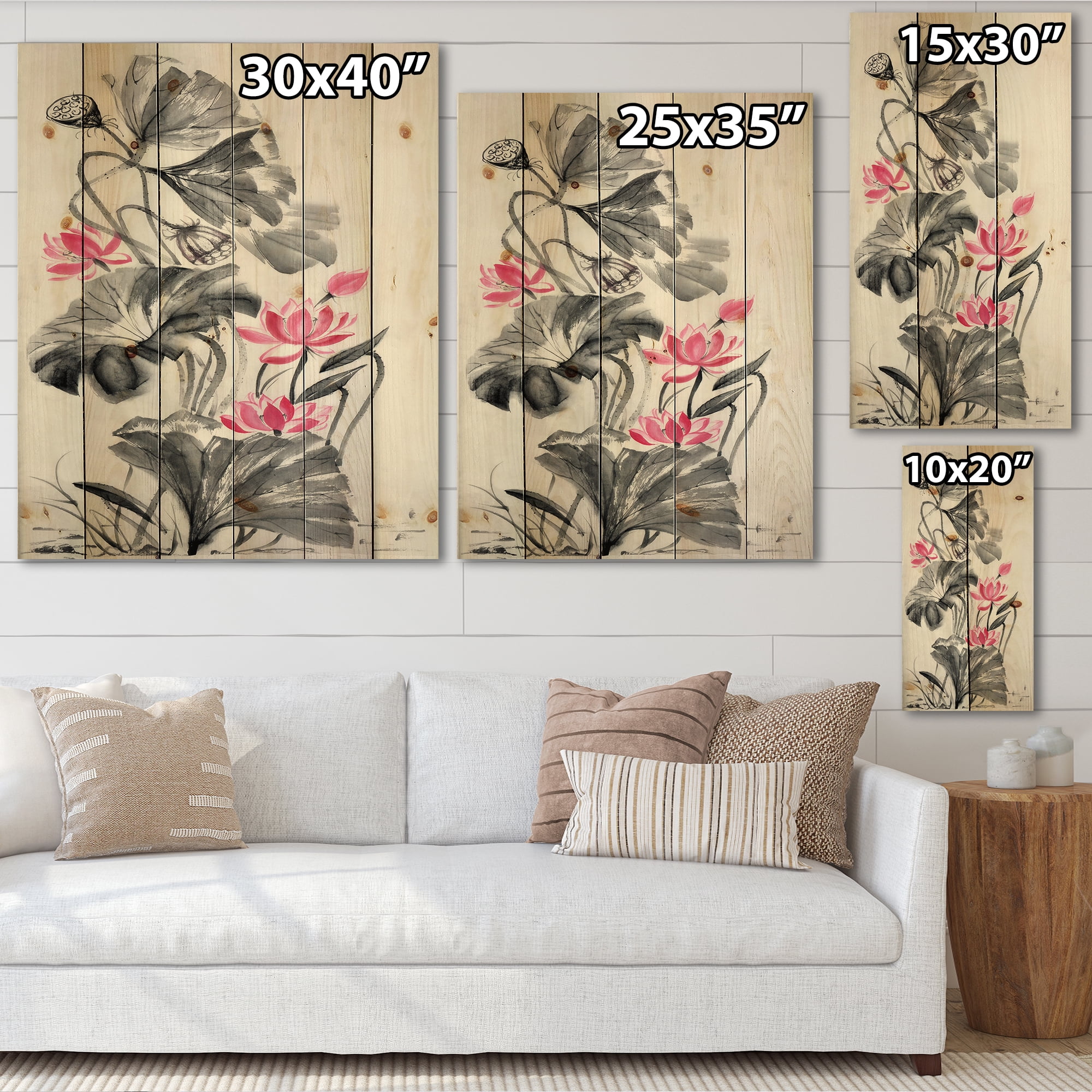 Designart 'Pink Vintage Lotus Flower and Monochrome Leaves' Traditional Print on Natural Pine Wood
