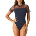 thumbnail image 1 of INSPIRAR CHIC Blusa de cuerpo ajustado de malla transparente con mangas cortas y lunares para mujeres, color azul oscuro, 1 of 6