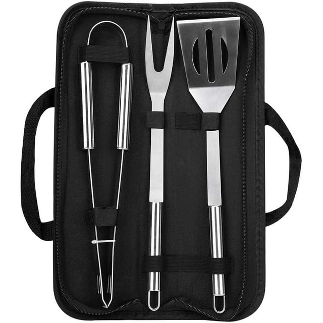 Ensemble d'Accessoires de Gril BBQ de Base 3 Pcs, Ensemble d'Outils de Barbecue Multifonctions en Acier Inoxydable dans Étui pour Pique-Nique en Plein Air, Camping, Fumage, Grillade