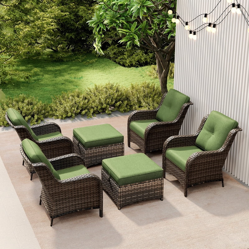 Meetleisure 6 Piece Wicker Patio Furniture Set, Rattan Chairs with Ottomans, High Back, Deep Seating, Wide Armrest, Thick Cushions for Deck Porch, Green
