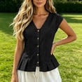 thumbnail image 5 of Women's Cotton Linen V-Neck Tank Top Ihhxva Sleeveless Pleated Button Peplum Hem Stretchable Summer Breathable Lightweight S-2XL, 5 of 9