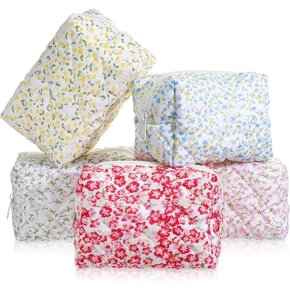 5 PCS Quilted Cosmetic Bag, Floral Makeup Bag with Zipper Bulk Coquette Makeup Bags Cute Pouches for Cosmetics, Pens and Portable Travel Toiletries Bags-5 Styles