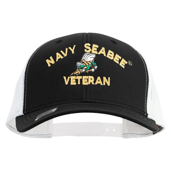 US Navy Seabee Veteran Embroidered Contrast Trucker Cap - Black White OSFM