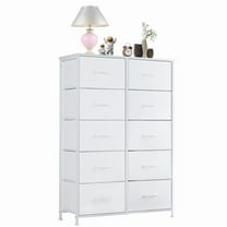 SIVROCK 10-Drawer Fabric Storage Tower, Dresser, Multi-Use Organizer with Fabric Bins, Steel Frame & Wood Top, White