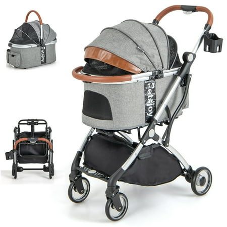 Gymax 3 in 1 Pet Stroller Foldable Dog Cat Travel Carrier with Cover Storage Basket