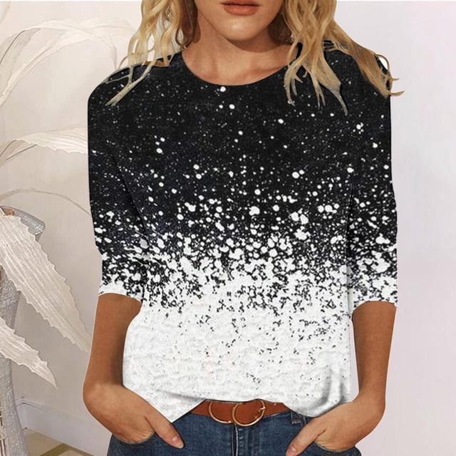 Hauts Mode Femme T-shirt Imprimé Manches 3/4 Blouse Col Rond Hauts Décontractés Hauts d'Été Décontractés en Solde