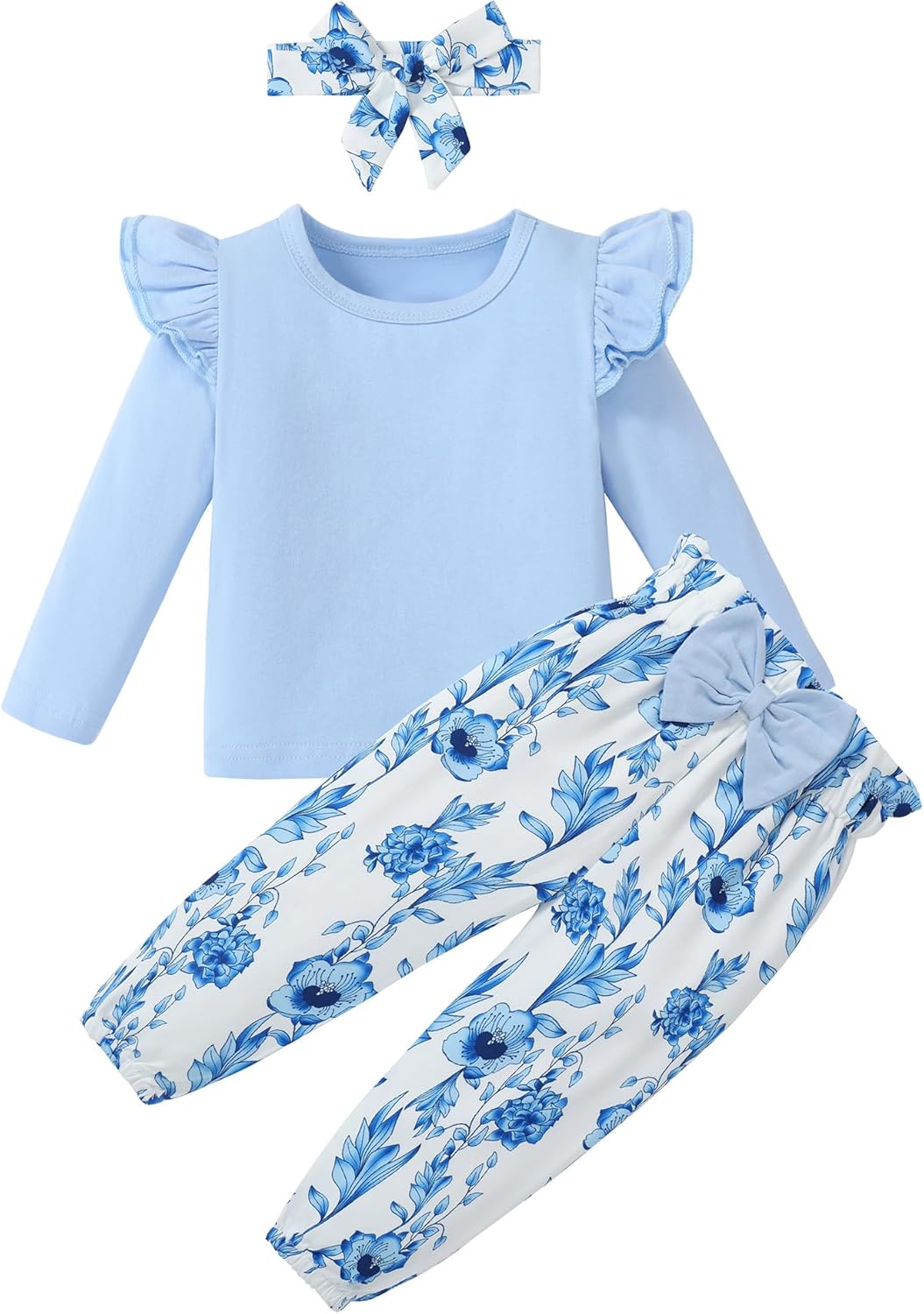 SANMIO Toddler Girl Clothes Outfits Cute Ruffle Sleeve Shirt Floral Pant+Headband 3Pcs Baby Girl Clothing Set 1-6T