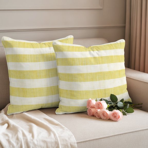 Outdoor Throw Pillow Covers,Farmhouse Yellow Linen Stripes Waterproof Decorative Pillowcases Cushion Cover Vintage Pillow Cases for Patio Couch Sofa Bed,18x18in Set of 2