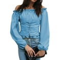 thumbnail image 3 of QAFOPEH Women Solid Color Off Shoulder Long Sleeve Corset Design Smocked Blouse, 3 of 5