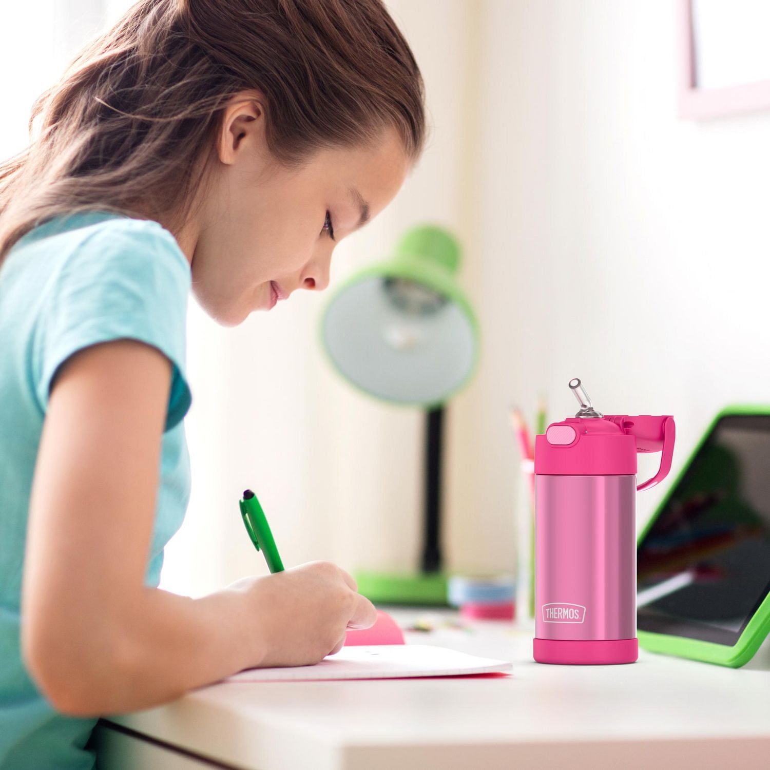 Thermos Kids Vacuum Insulated Funtainer Water Bottle with Flip Up Straw, 355ml, Pink, Pink, F40123PK